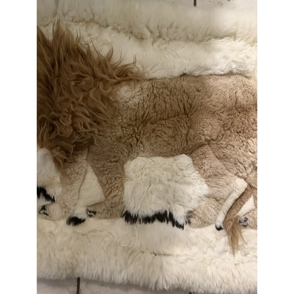 Mexican Mexico 100% Alpaca Fur Tapestry Rug 43x30 Lion Vintage Hole